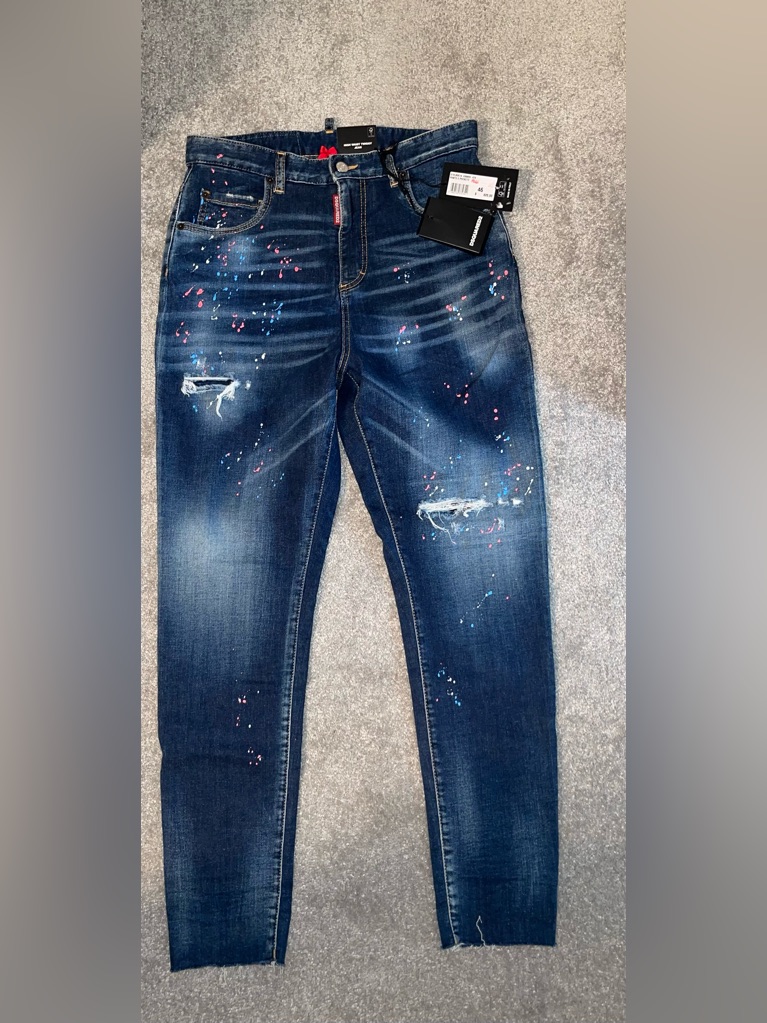Dsquared2 Dark Blue Skinny Jeans With Pink Splatter Bnwt Sz 46